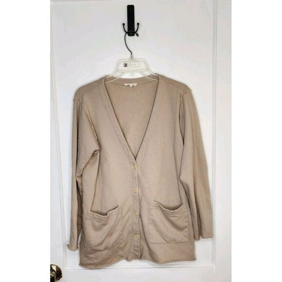 Eileen Fisher Organic Cotton Button Front Cardigan Tan Raw Hem Size Medium - Picture 1 of 5